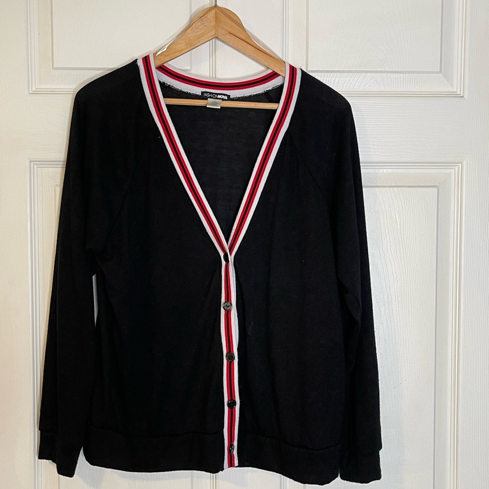 Fashion Nova Preppy Black Cardigan with Red White Old Money Vintage Schoolgirl